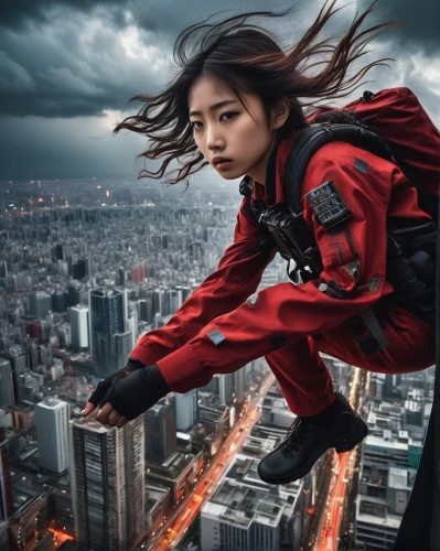 flying girl,sprint woman,base jumping,skycraper,women climber,above the city,skydiver,daredevil,red super hero,super heroine,mulan,mari makinami,parkour,high-wire artist,leap of faith,photoshop manipulation,skydive,women in technology,skydiving,flying,Art,Classical Oil Painting,Classical Oil Painting 13