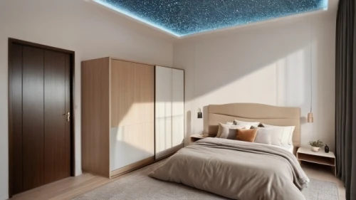 sky space concept,sleeping room,sky apartment,ceiling light,ceiling lighting,ceiling lamp,skylight,ceiling construction,wall lamp,modern room,ceiling fixture,room divider,room lighting,waterbed,bedroom,bedroom window,guest room,canopy bed,room newborn,concrete ceiling