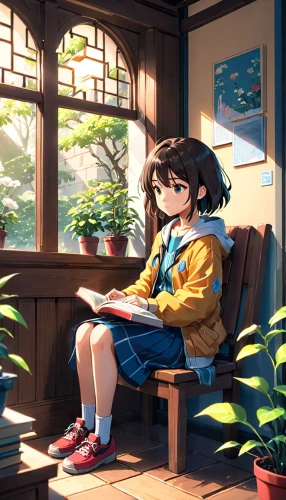 girl studying,studio ghibli,euphonium,girl sitting,classroom,study,little girl reading,study room,sitting,reading,summer evening,honolulu,anime japanese clothing,cg artwork,relaxing reading,game illustration,a letter,anime 3d,anime cartoon,love letter,Anime,Anime,Realistic