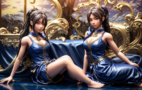mirror image,chinese icons,two girls,princesses,gentiana,chinese art,wuchang,fantasy picture,beautiful girls with katana,japanese icons,oriental princess,blue ribbon,oriental painting,mirror reflection,fantasy art,jasmine blue,xing yi quan,background image,in pairs,fairy tale icons