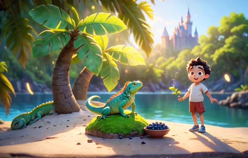 lilo,3d fantasy,disney character,digital compositing,animated cartoon,animal kingdom,aladha,crocodile park,madagascar,cute cartoon character,cartoon forest,monkey island,tropical animals,tropics,magical adventure,cute cartoon image,little crocodile,aladin,children's background,delight island,Anime,Anime,Cartoon