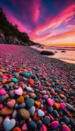balanced pebbles,pink beach,rocky beach,colorful heart,splendid colors,colorful water,beautiful beaches,colored rock,colorful background,background with stones,beautiful beach,pebbles,colored stones,beach landscape,intense colours,background colorful,pebble beach,stacked rocks,pebble,dream beach,Photography,General,Fantasy