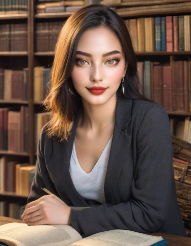 librarian,academic,author,professor,azerbaijan azn,phuquy,lawyer,attorney,vietnamese,scholar,portrait background,shuai jiao,asian woman,mari makinami,women's novels,secretary,han thom,filipino,real estate agent,blur office background,Photography,Realistic