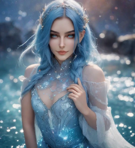 ice queen,winterblueher,water nymph,elsa,blue enchantress,the snow queen,water rose,ice princess,mermaid,water-the sword lily,fantasy portrait,merfolk,suit of the snow maiden,fantasy picture,the sea maid,rusalka,fairy queen,aquarius,elven,faerie,Photography,Realistic