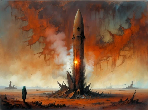 erbore,obelisk,atomic age,nuclear weapons,rocket launch,rockets,post-apocalyptic landscape,missile,sci fiction illustration,pioneer 10,missiles,spire,launch,space art,dune 45,game illustration,nuclear explosion,pillar of fire,concept art,nuclear bomb,Conceptual Art,Oil color,Oil Color 21