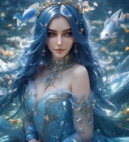 blue enchantress,fantasy portrait,fairy queen,water nymph,the sea maid,fantasy art,rusalka,ice queen,winterblueher,faerie,fantasia,elsa,the snow queen,water rose,fantasy picture,mermaid,fairy peacock,fantasy woman,the wind from the sea,faery,Photography,Realistic