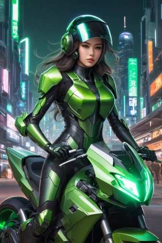 patrol,motorbike,electric scooter,motorcycle racer,motorcycle helmet,motor-bike,e-scooter,motorcycle,scooter riding,green,vector girl,high-visibility clothing,electric mobility,motorcycles,sci fiction illustration,green skin,motor scooter,heavy motorcycle,motorcycling,cg artwork,Conceptual Art,Fantasy,Fantasy 03