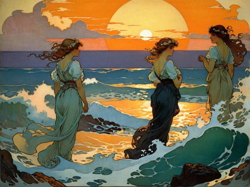 mucha,sirens,asher durand,alfons mucha,mermaids,sea beach-marigold,el mar,1906,art nouveau,1905,the three graces,carl svante hallbeck,sun and sea,vincent van gough,summer evening,1921,amano,1926,golden sands,exploration of the sea,Illustration,Retro,Retro 03