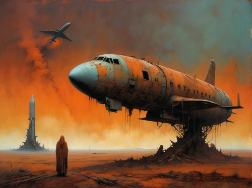 airships,atomic age,airship,post-apocalyptic landscape,rust-orange,corrosion,sci fiction illustration,atomic bomb,erbore,red planet,apocalyptic,the conflagration,post-apocalypse,nuclear weapons,plane wreck,post apocalyptic,scorched earth,spacecraft,dune 45,fire planet,Conceptual Art,Oil color,Oil Color 07