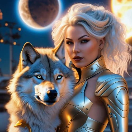 fantasy picture,fantasy art,fantasy portrait,sci fiction illustration,fantasy woman,heroic fantasy,moon and star,world digital painting,constellation wolf,callisto,ursa,zodiac sign leo,sun and moon,star mother,two wolves,berger blanc suisse,the moon and the stars,luna,moon and star background,lunar,Photography,General,Realistic