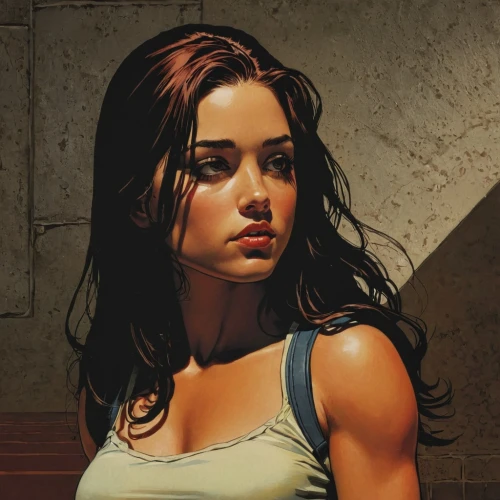 lara,young woman,clementine,croft,rosa ' amber cover,sci fiction illustration,girl sitting,the girl's face,portrait background,head woman,girl on the stairs,girl portrait,the girl,mary jane,digital painting,girl with a gun,katniss,background image,femme fatale,girl in t-shirt,Illustration,American Style,American Style 08