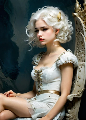 white rose snow queen,porcelain dolls,baroque angel,white lady,rococo,fairy tale character,bridal clothing,porcelain doll,eglantine,fairy queen,gothic portrait,porcelain rose,fairy tales,white rose,suit of the snow maiden,the snow queen,vintage angel,snow white,mystical portrait of a girl,blond girl,Illustration,Realistic Fantasy,Realistic Fantasy 16