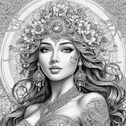 boho art,henna frame,fantasy portrait,pencil drawings,radha,fantasy art,gypsy soul,mandala flower illustration,oriental princess,la catrina,jasmine blossom,floral wreath,coloring page,aphrodite,venetian mask,filigree,jasmine,mandala illustrations,la calavera catrina,headdress,Illustration,Black and White,Black and White 03