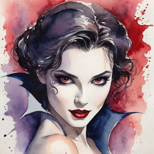 watercolor pin up,vampira,vampire woman,vampire lady,watercolor,scarlet witch,watercolor painting,watercolor paint,fashion illustration,widowmaker,watercolor sketch,watercolour,watercolors,femme fatale,widow,vampire,painted lady,watercolor women accessory,dracula,la violetta,Illustration,Paper based,Paper Based 25