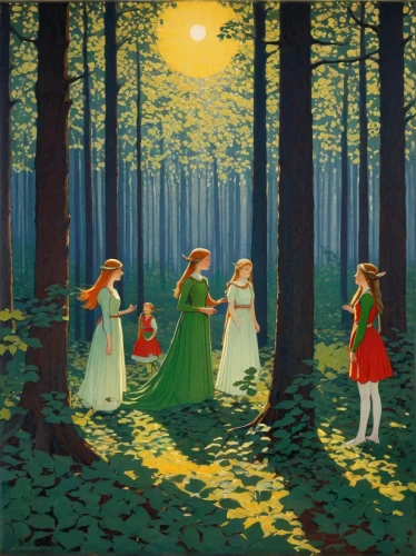 happy children playing in the forest,the pied piper of hamelin,children's fairy tale,fairy tale,a fairy tale,carolers,the night of kupala,midsummer,red riding hood,frutti di bosco,fairy tales,fairytale,kate greenaway,khokhloma painting,in the forest,sewing silhouettes,night scene,forest of dreams,carol singers,idyll,Art,Classical Oil Painting,Classical Oil Painting 14