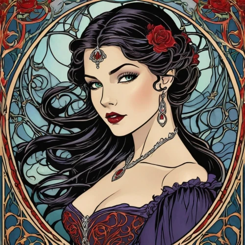 art nouveau,art nouveau design,the enchantress,jasmine,oriental princess,fantasy portrait,celtic queen,art nouveau frame,widow flower,victorian lady,fantasy woman,sorceress,boho art,rosa ' amber cover,art nouveau frames,vanessa (butterfly),filigree,mucha,lady of the night,fantasy art,Illustration,Retro,Retro 13