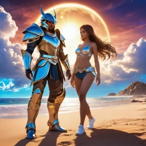 fantasy picture,beach defence,protectors,symetra,sea god,sun protection,broncefigur,paysandisia archon,beach background,golden sun,kos,cent,ora,warrior east,sol,golden sands,cosplay image,sun and moon,god of the sea,loving couple sunrise
