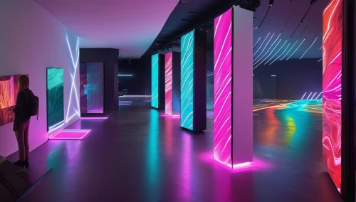 futuristic art museum,ufo interior,hallway space,colored lights,light space,ambient lights,plasma lamp,light art,modern room,installation,panoramical,nightclub,color wall,art gallery,lighting system,colorful light,uv,party lights,neon ghosts,a museum exhibit,Photography,General,Natural