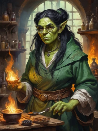 candlemaker,dwarf cookin,apothecary,rotglühender poker,half orc,shopkeeper,merchant,dodge warlock,tinsmith,sterntaler,vendor,anahata,fantasy portrait,sorceress,lokportrait,orc,scandia gnome,druid,barmaid,magic grimoire,Art,Classical Oil Painting,Classical Oil Painting 01