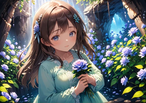 flower background,girl in flowers,spring background,lily of the field,girl picking flowers,violet evergarden,holding flowers,blue flowers,iris,forget me not,sea of flowers,blue flower,hydrangeas,springtime background,blue petals,floral background,falling flowers,hydrangea,forget-me-not,everlasting flowers,Anime,Anime,Realistic