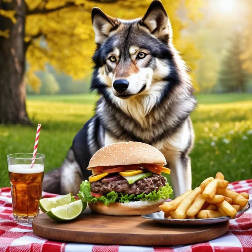 wolfdog,dog puppy while it is eating,swedish lapphund,saarloos wolfdog,burger,european wolf,domestic animal,burguer,burgers,schäfer dog,omnivore,diet icon,purebred dog,cheeseburger,hamburgers,finnish lapphund,dog food,american food,hamburger,outdoor dog,Photography,General,Realistic