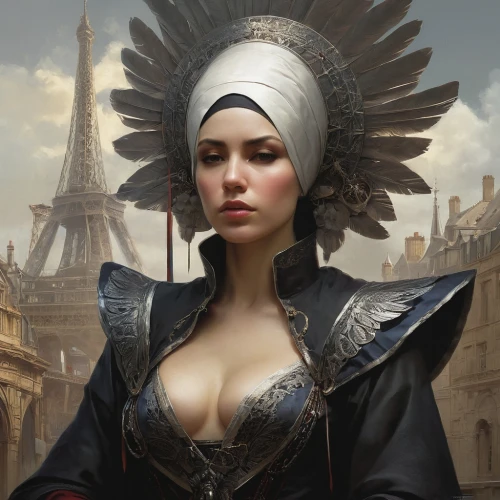 the hat of the woman,fantasy portrait,headdress,fantasy art,the hat-female,baroque angel,crow queen,leather hat,orientalism,cleopatra,priestess,gothic portrait,breastplate,miss circassian,queen of hearts,fantasy picture,fantasy woman,conical hat,bodice,sorceress,Conceptual Art,Fantasy,Fantasy 11