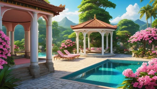 idyllic,pool house,holiday villa,resort,vietnam,cabana,tropical bloom,tropical house,tropical island,bougainvilleas,bali,summer cottage,tropical flowers,bougainvillea,roof landscape,swimming pool,gazebo,frangipani,landscape background,resort town,Photography,General,Realistic
