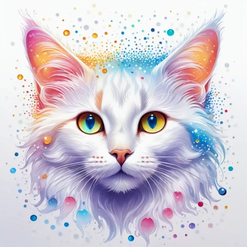 cat vector,watercolor cat,drawing cat,cat on a blue background,rainbow pencil background,rainbow background,colorful background,cat portrait,white cat,cartoon cat,doodle cat,colorful doodle,unicorn art,holi,vector illustration,the festival of colors,feline,cat,calico cat,cat with blue eyes,Illustration,Realistic Fantasy,Realistic Fantasy 01