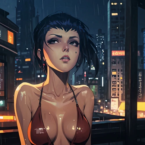 cyberpunk,rainy,in the rain,cityscape,rooftops,city lights,wet girl,game illustration,rooftop,croft,nightlife,smoking girl,city ​​portrait,alleyway,dusk background,dusk,evening city,hong,night lights,drizzle