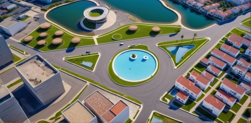 roof top pool,swimming pool,artificial island,outdoor pool,artificial islands,urban design,paved square,3d rendering,swim ring,city moat,aerial landscape,diamond lagoon,bird's-eye view,urban park,infinity swimming pool,apartment complex,new housing development,bird's eye view,urban development,city fountain,Photography,General,Realistic