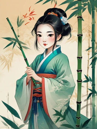 geisha,geisha girl,bamboo flute,oriental princess,oriental girl,goki,chinese art,hanbok,oriental painting,mulan,mukimono,junshan yinzhen,japanese art,kimono,wuchang,spring festival,bamboo,yi sun sin,korean culture,yunnan,Illustration,Realistic Fantasy,Realistic Fantasy 02