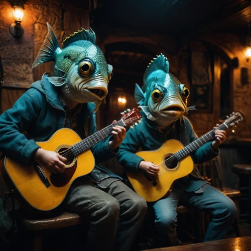 monkeys band,musicians,sock and buskin,anthropomorphized animals,piranhas,comedy tragedy masks,musical rodent,entertainers,performers,cavaquinho,live music,folk music,green animals,werewolves,buskin,scandia gnomes,serenade,young alligators,fox and hare,gnomes at table,Photography,Documentary Photography,Documentary Photography 08