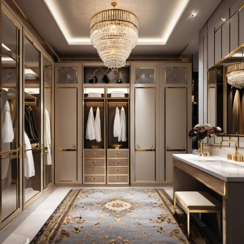 luxury bathroom,walk-in closet,luxury home interior,luxurious,luxury,room divider,interior design,bridal suite,luxury property,dressing room,luxury hotel,hallway space,interior decoration,closet,cabinetry,great room,interior modern design,luxury real estate,ornate room,china cabinet,Photography,General,Realistic