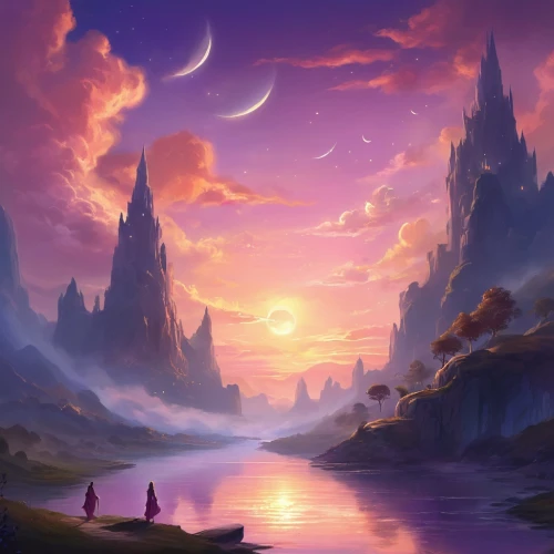 fantasy landscape,fantasy picture,purple landscape,fantasy art,futuristic landscape,lunar landscape,landscape background,dream world,fantasy world,3d fantasy,dreamland,hot-air-balloon-valley-sky,dusk background,world digital painting,valley of the moon,evening atmosphere,high landscape,dusk,beautiful landscape,the mystical path,Illustration,Realistic Fantasy,Realistic Fantasy 01