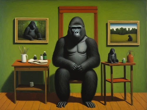 gorilla,great apes,primates,primate,ape,primitive man,woman sitting,chimpanzee,men sitting,thinking man,three monkeys,green animals,surrealism,orangutan,bonobo,art dealer,anthropomorphized animals,the thinker,chimp,monkey family,Art,Artistic Painting,Artistic Painting 02