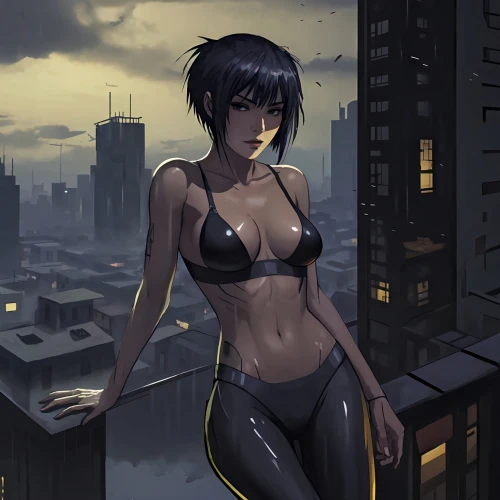 rooftops,on the roof,rooftop,cityscape,roof top,above the city,cyberpunk,dusk background,catwoman,croft,evening city,kotobukiya,city view,meteora,unknown,black city,dusk,city lights,kayano,muscle woman