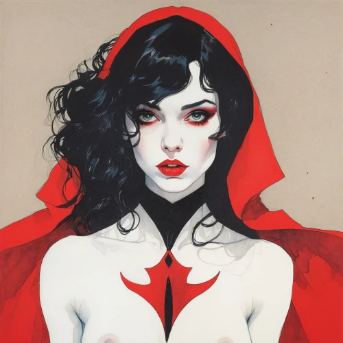 vampire woman,vampire lady,red cape,red riding hood,scarlet witch,little red riding hood,caped,vampire,red coat,rouge,queen of hearts,widow,dracula,silk red,maraschino,fantasy woman,red,red super hero,lady in red,fire red eyes,Illustration,Paper based,Paper Based 19