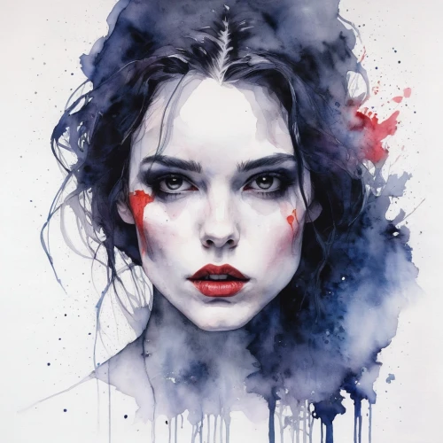mystical portrait of a girl,watercolor painting,watercolor paint,watercolor,watercolor pencils,vampire woman,watercolor paint strokes,fashion illustration,painted lady,vampire lady,watercolors,art painting,fantasy portrait,scarlet witch,fantasy art,girl portrait,watercolour,portrait of a girl,dark art,woman face,Illustration,Paper based,Paper Based 20