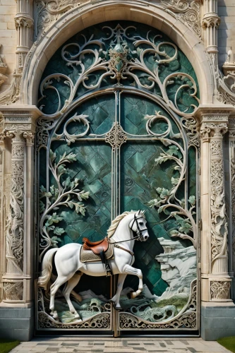 the horse at the fountain,lion capital,church door,equestrian statue,garden door,art nouveau frame,man and horses,front gate,art nouveau,doge's palace,main door,heraldic animal,painted horse,panel,decorative frame,front door,hotel de cluny,heraldic,architectural detail,st. bernard,Photography,General,Fantasy