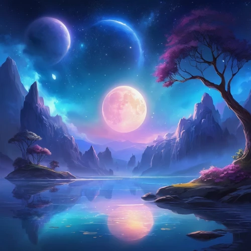 fantasy landscape,moon and star background,lunar landscape,fantasy picture,purple landscape,landscape background,moonlit night,valley of the moon,moons,moon valley,moonscape,purple moon,alien planet,moonlit,fantasy art,alien world,dream world,celestial bodies,beautiful landscape,moonlight,Illustration,Realistic Fantasy,Realistic Fantasy 01