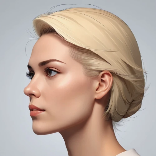 semi-profile,natural cosmetic,blonde woman,artificial hair integrations,jaw,profile,custom portrait,half profile,side face,woman's face,portrait background,cosmetic,woman face,head woman,cosmetic brush,updo,fashion vector,asymmetric cut,pompadour,human head,Photography,General,Realistic