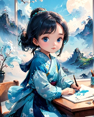 little girl in wind,girl studying,hanbok,blue painting,flower painting,illustrator,fantasy portrait,azure,tutor,table artist,world digital painting,painting technique,watercolor background,portrait background,game illustration,meticulous painting,french digital background,girl drawing,watercolor blue,painting,Anime,Anime,General