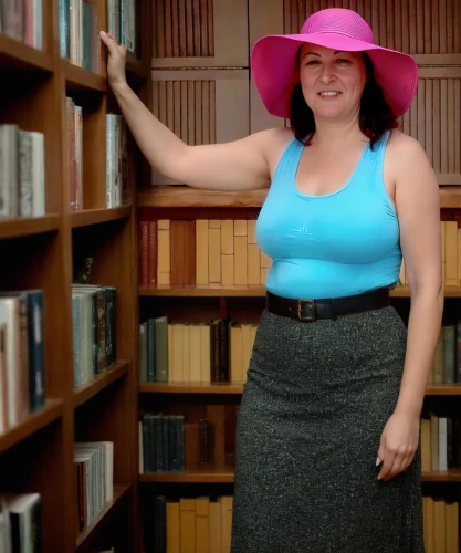 librarian,fedora,the hat-female,doctoral hat,pink hat,the hat of the woman,bookshelves,plus-size model,woman's hat,retro women,plus-size,pregnant book,staff video,leather hat,library book,womans hat,mock sun hat,pencil skirt,bookcase,bookselling