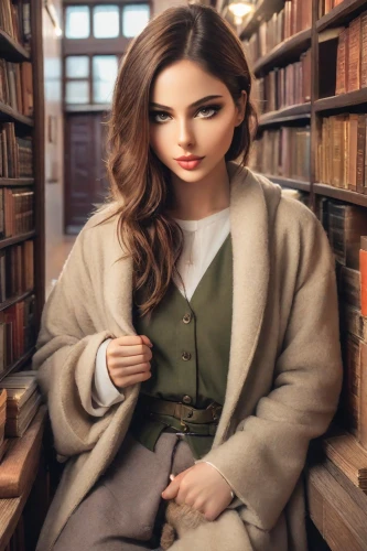 librarian,girl in a historic way,bookworm,scholar,victorian lady,author,vintage woman,girl studying,bookstore,bookshop,academic,book store,long coat,fantasy portrait,book antique,library book,professor,women's novels,old coat,historian,Photography,Realistic