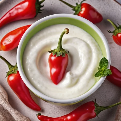 tzatziki,blue cheese dressing,ranch dressing,béarnaise sauce,pimiento,salsa sauce,chile pepper,tabasco pepper,hot peppers,boursin cheese,bocconcini,red chile,curd cheese,italian sweet pepper,red chili,serrano pepper,chillies,sweet chilli sauce,jalapenos,sauce gribiche,Photography,General,Realistic