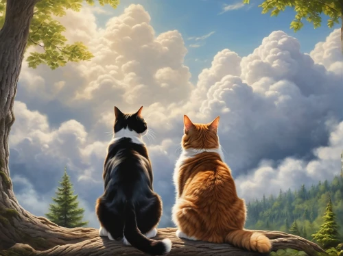 two cats,cat lovers,cat family,dog - cat friendship,fantasy picture,companionship,felines,dog and cat,cat love,romantic scene,cats in tree,two friends,landscape background,cats,cat image,cats playing,cat cartoon,travelers,vintage cats,oktoberfest cats,Photography,General,Realistic