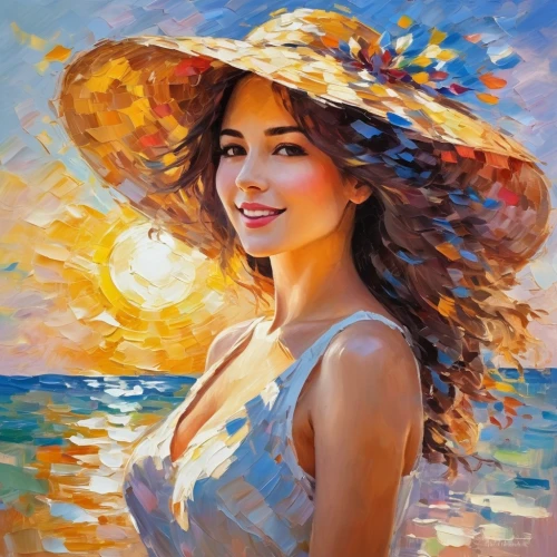 yellow sun hat,sun hat,high sun hat,vietnamese woman,oil painting,girl wearing hat,oil painting on canvas,art painting,romantic portrait,straw hat,italian painter,photo painting,womans seaside hat,panama hat,ordinary sun hat,boho art,sun and sea,beach background,summer hat,young woman,Conceptual Art,Oil color,Oil Color 10