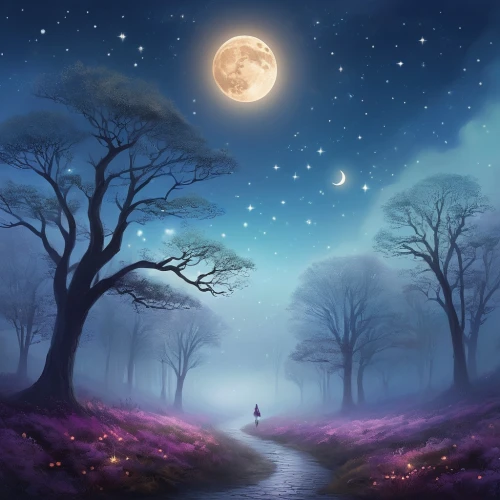 fantasy picture,moonlit night,the mystical path,purple moon,moon and star background,purple landscape,blue moon rose,fantasy landscape,moonlit,moonbeam,moon walk,blue moon,forest of dreams,dream world,moonlight,dreamland,children's background,world digital painting,fantasy art,moons,Illustration,Realistic Fantasy,Realistic Fantasy 01