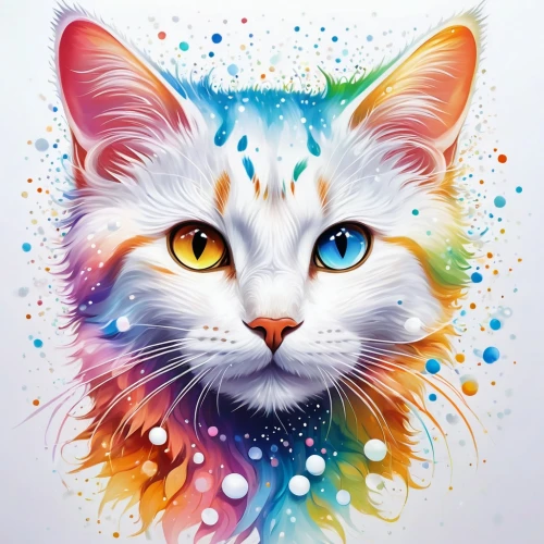 cat vector,watercolor cat,cat on a blue background,drawing cat,colorful background,white cat,rainbow background,rainbow pencil background,cat,rangoli,holi,feline,calico cat,cartoon cat,cat with blue eyes,animal feline,cat portrait,painting technique,doodle cat,colored pencil background,Illustration,Realistic Fantasy,Realistic Fantasy 01