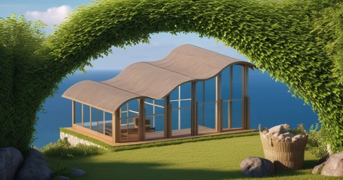 greenhouse cover,greenhouse,grass roof,cubic house,tree house,frame house,inverted cottage,eco-construction,roof landscape,treehouse,dog house frame,summer house,pool house,tree house hotel,greenhouse effect,floating huts,cube house,house in the forest,garden shed,boathouse,Photography,General,Realistic